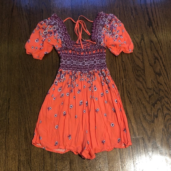 Free People Orange Floral Stretch Boho Bohemian Whimsical Flowy Romper - Picture 7 of 7
